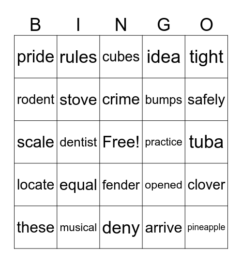 Week 3 Spelling Words Bingo Card