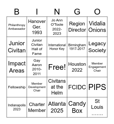Civitan Trivia BINGO Card