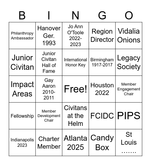 Civitan Trivia BINGO Card