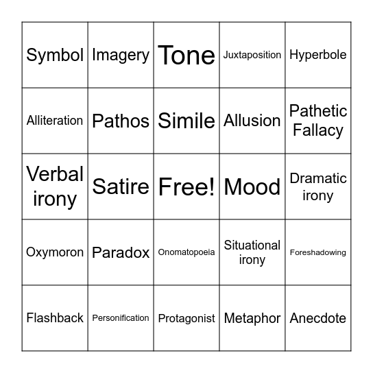 Literary Devices/Elements of Fiction BINGO Card