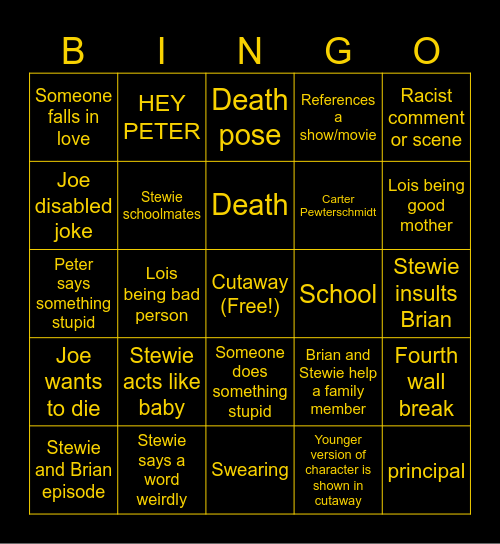 Family guy Bingo Card