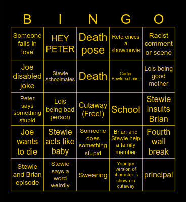 Family guy Bingo Card
