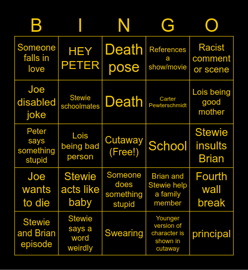 Family guy Bingo Card