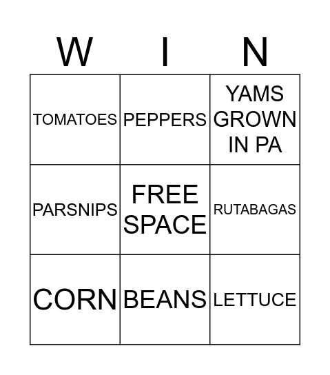 FRUITS & VEGETABLES Bingo Card