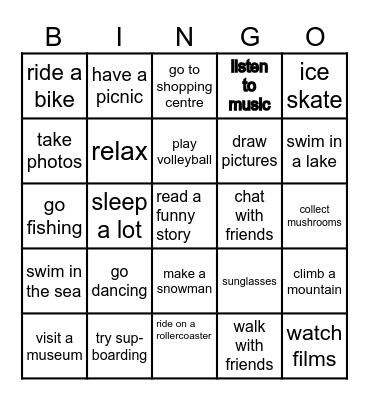 Summer Holidays Bingo Card