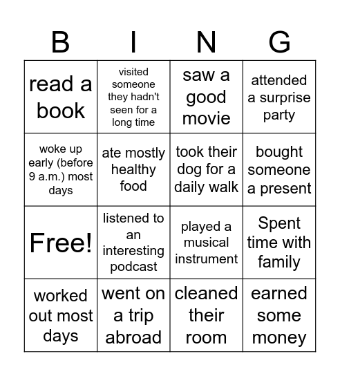 Summer Vacation Activities Bingo Card