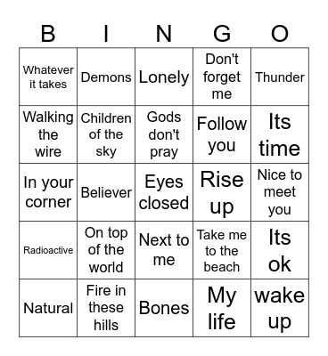 Imagine Dragons 2024 Bingo Card