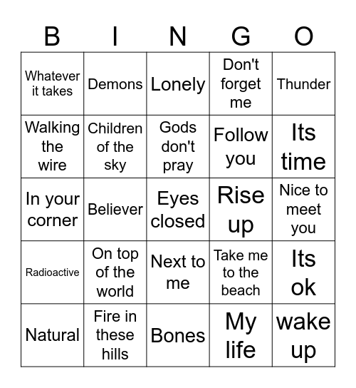 Imagine Dragons 2024 Bingo Card