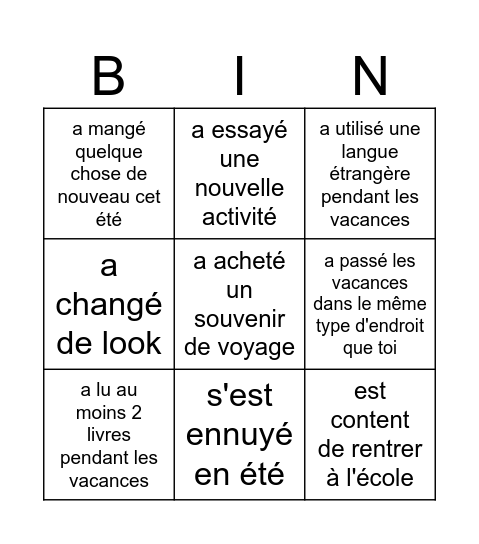 Trouve quelqu'un qui... (vacances) Bingo Card