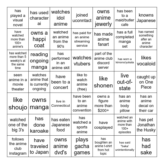 Anime Club Bingo Card