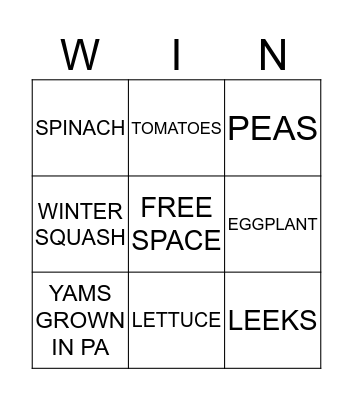 FRUITS & VEGETABLES Bingo Card