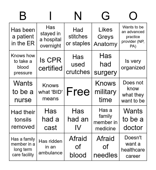 Health Science Bingo Card