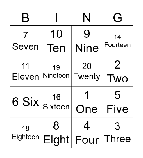 English number bingo Card