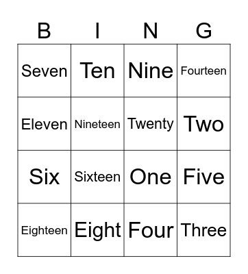 English number bingo Card