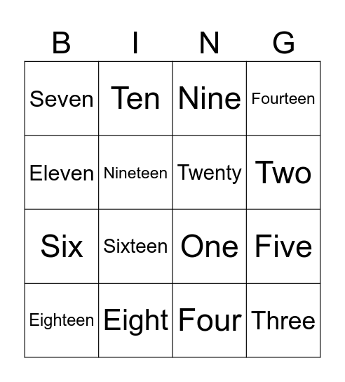 English number bingo Card
