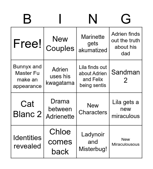 Miraculous Ladybug Season 6 Bingo Card