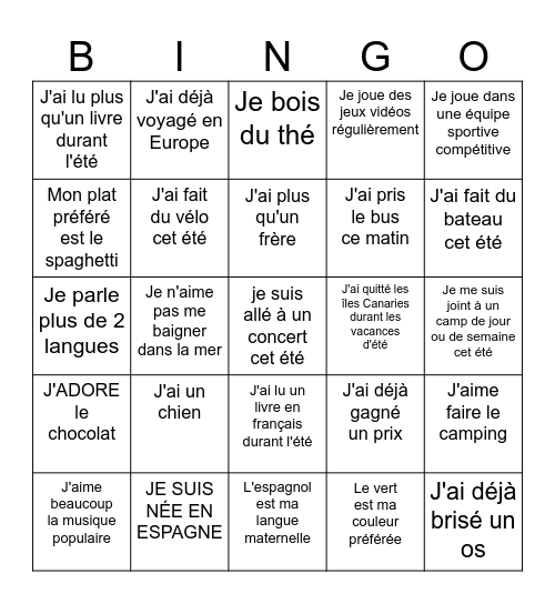 Jeu brise-glace Bingo Card