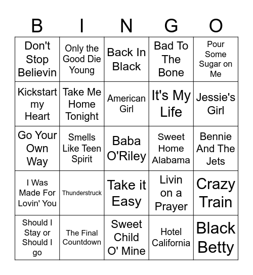 Rock and Roll Bingo Card