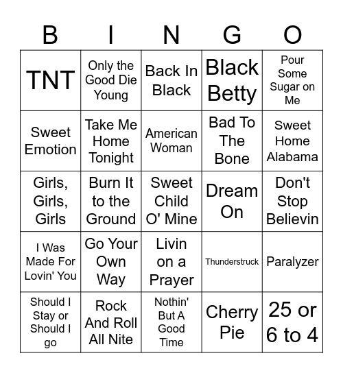 Rock & Roll Bingo Card