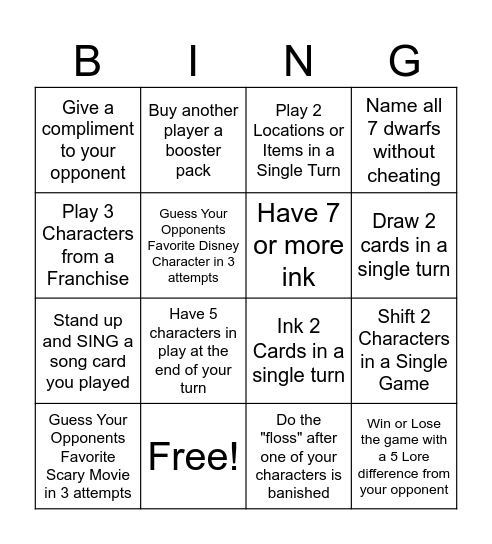 Monday Lorcana Bingo Card