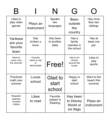 First Day of School Bingo Card