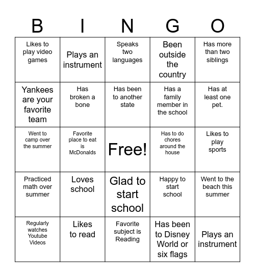 First Day of School Bingo Card