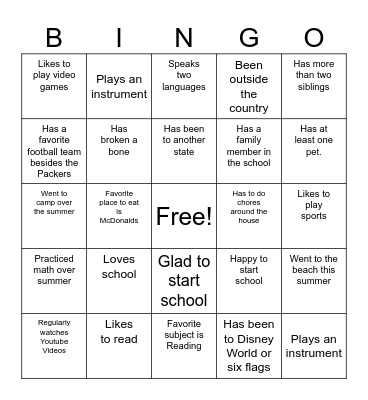 First Day of School Bingo Card