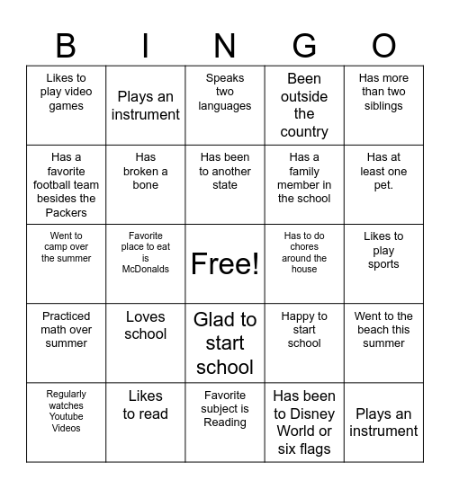 First Day of School Bingo Card