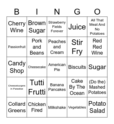 Food Songs Bingo Card