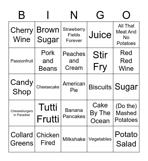 Food Songs Bingo Card