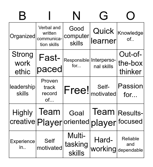 Resume Words Bingo Card