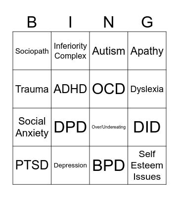 Mental Health Bingo Card