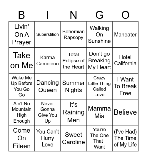 BEST Sing-a-long songs! Bingo Card