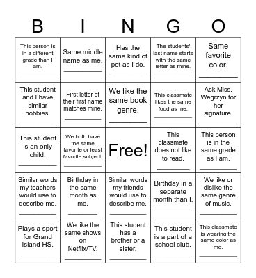 Classmate Icebreaker Bingo Card