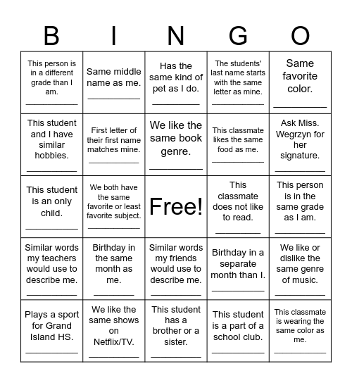 Classmate Icebreaker Bingo Card