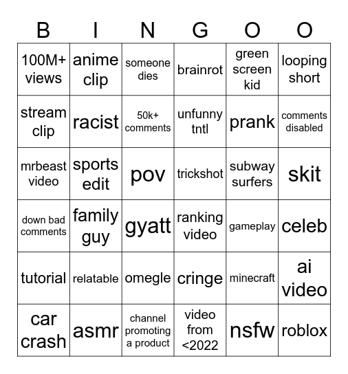 Youtube shorts bingo Card