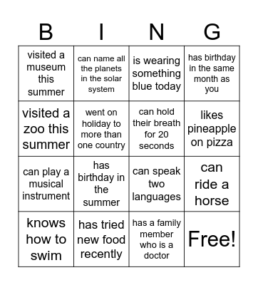 Human bingo (Find someone who...) Bingo Card