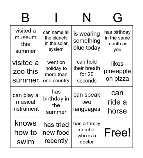 Human bingo (Find someone who...) Bingo Card