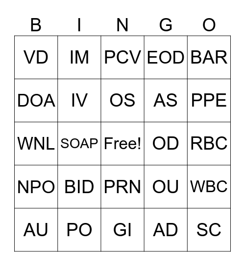 Vet Tech Bingo! Bingo Card