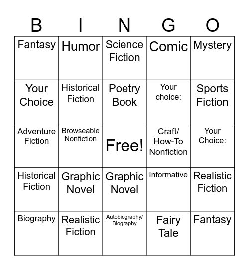 Book Genre Bingo Card