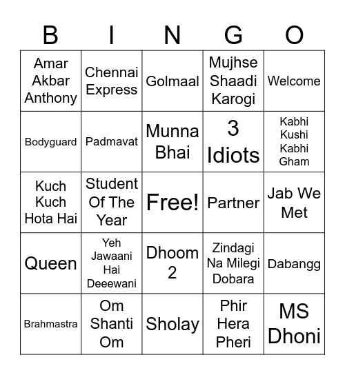 Bollywood Movie Bingo Card