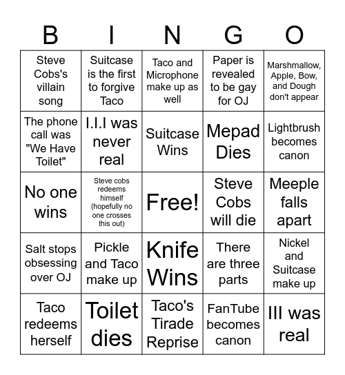 Inanimate Insanity movie predictions Bingo Card