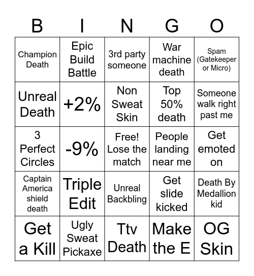 Ranked Fortnite Bingo Card