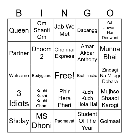 Bollywood Movie Bingo Card