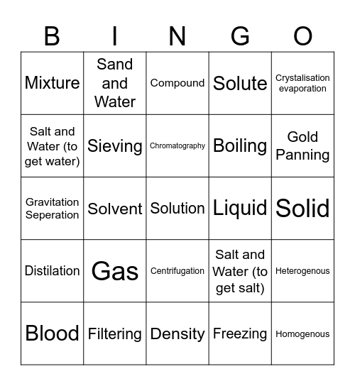 Substances and Mixtures Bingo Card