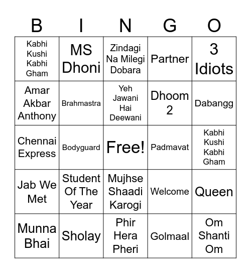 Bollywood Movie Bingo Card