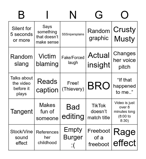 SSSniperwolf Bingo Card