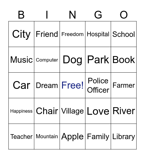 Noun Bingo Card