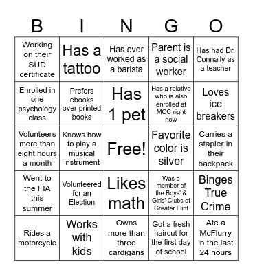 Social Work 134 Bingo Card