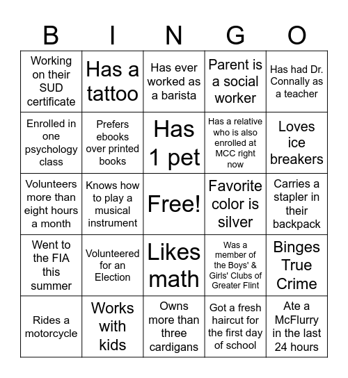 Social Work 134 Bingo Card